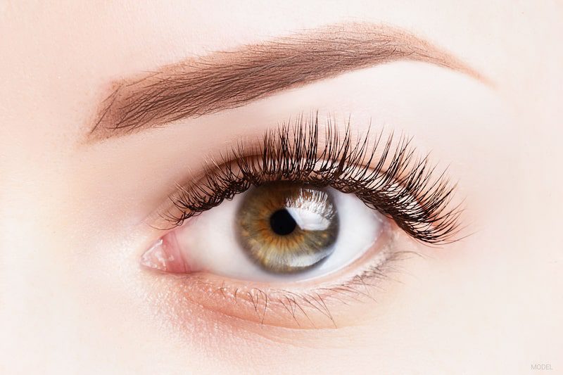 A woman's eye with naturally long eyelashes.